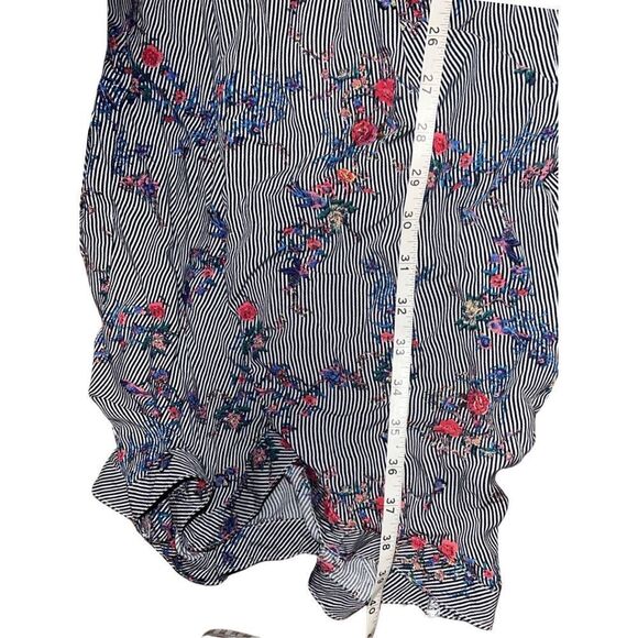 Suzanne Betro Long Sleeve Gray Striped Floral Design Waist Twist High Low Dress - Picture 11 of 11